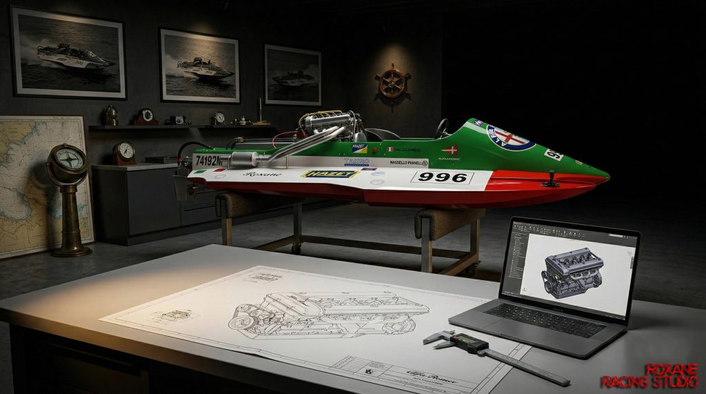 Historic Lucini hydroplane Roxane 96 racing in garage